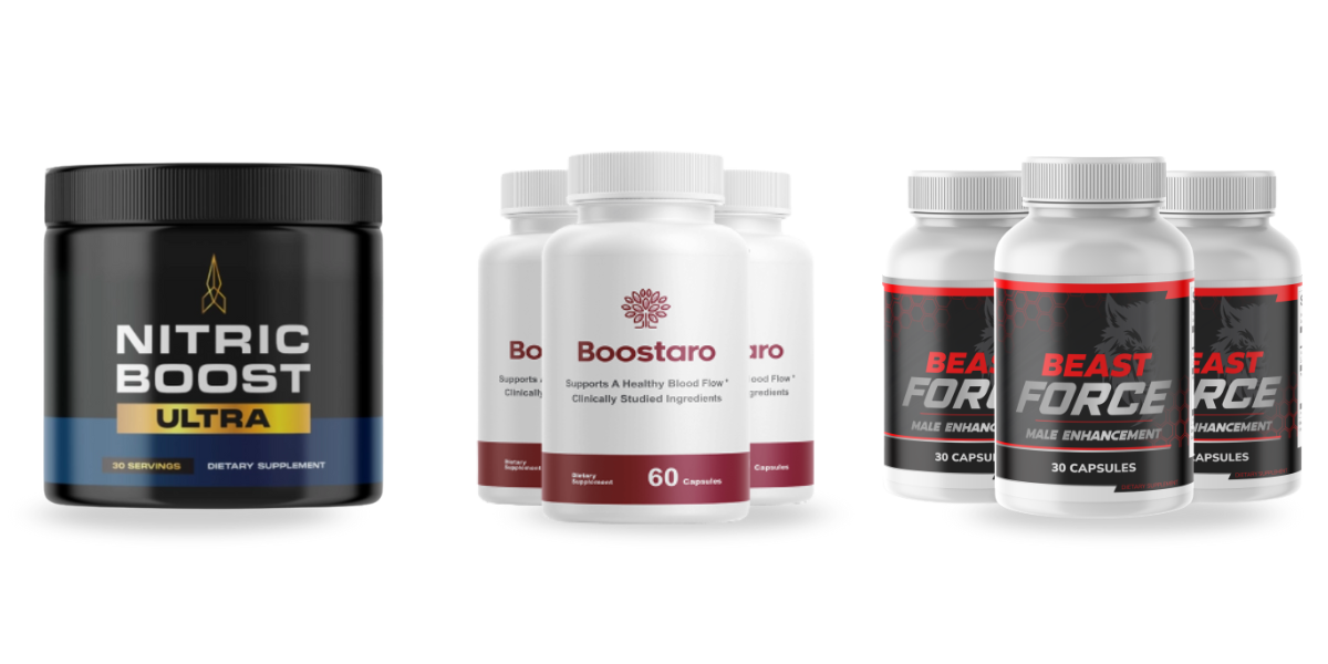 Boostaro, Nitric Boost and BeastForce bottles side by side